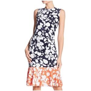 Eliza J Navy & Coral Floral Ruched Waist Stretchy Midi Dress